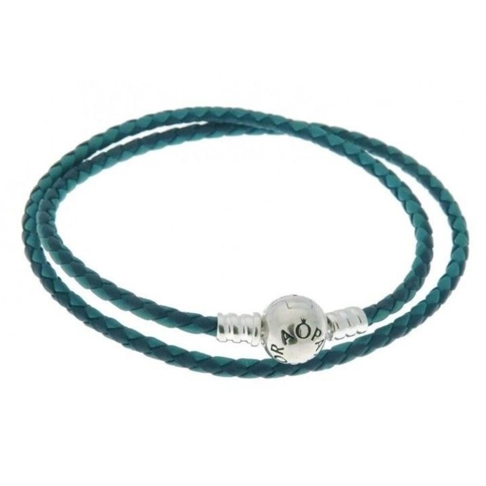 PANDORA Teal/Turquoise Double Woven Leather Bracelet w/Sterling Silver Clasp